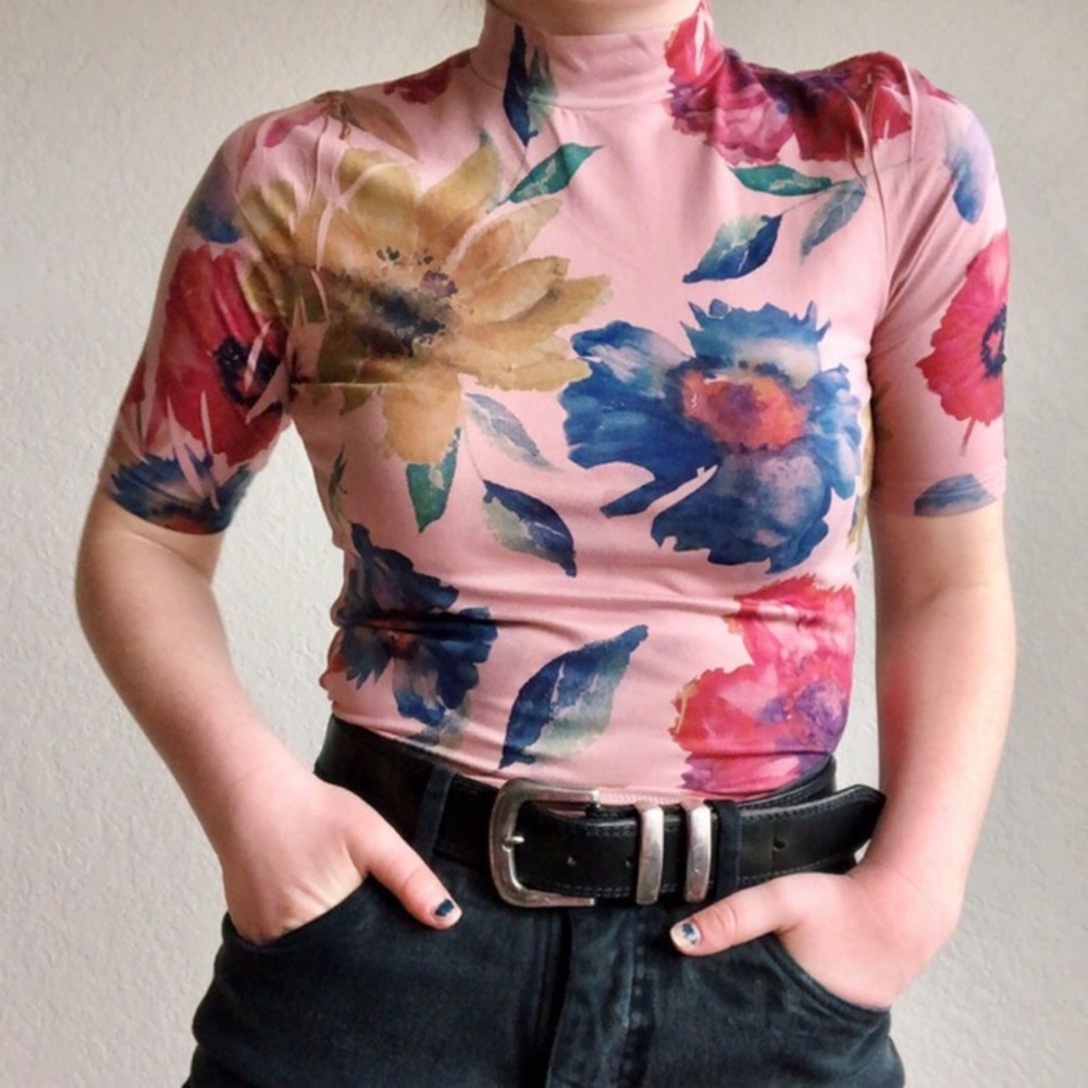 Pink Floral Turtleneck Top